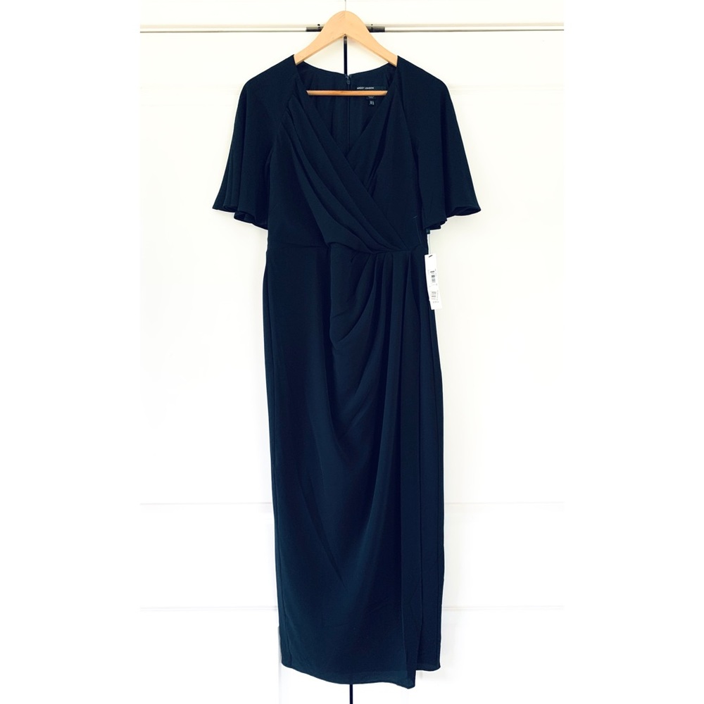 Maggy London Faux Wrap Midi Dress Flutter Sleeve Black Gown Cocktail NEW Size 6